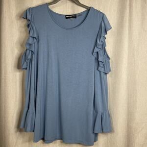 Karl Lagerfeld Women’s Top Size Large - Cold Shoulder Long Sleeve -Ruffles -Blue